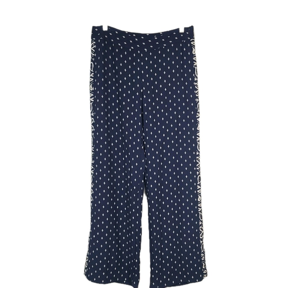 Cabi Track Star Trousers‎ 8 Blue White Paisley Trim Wide Leg Lightweight Pockets